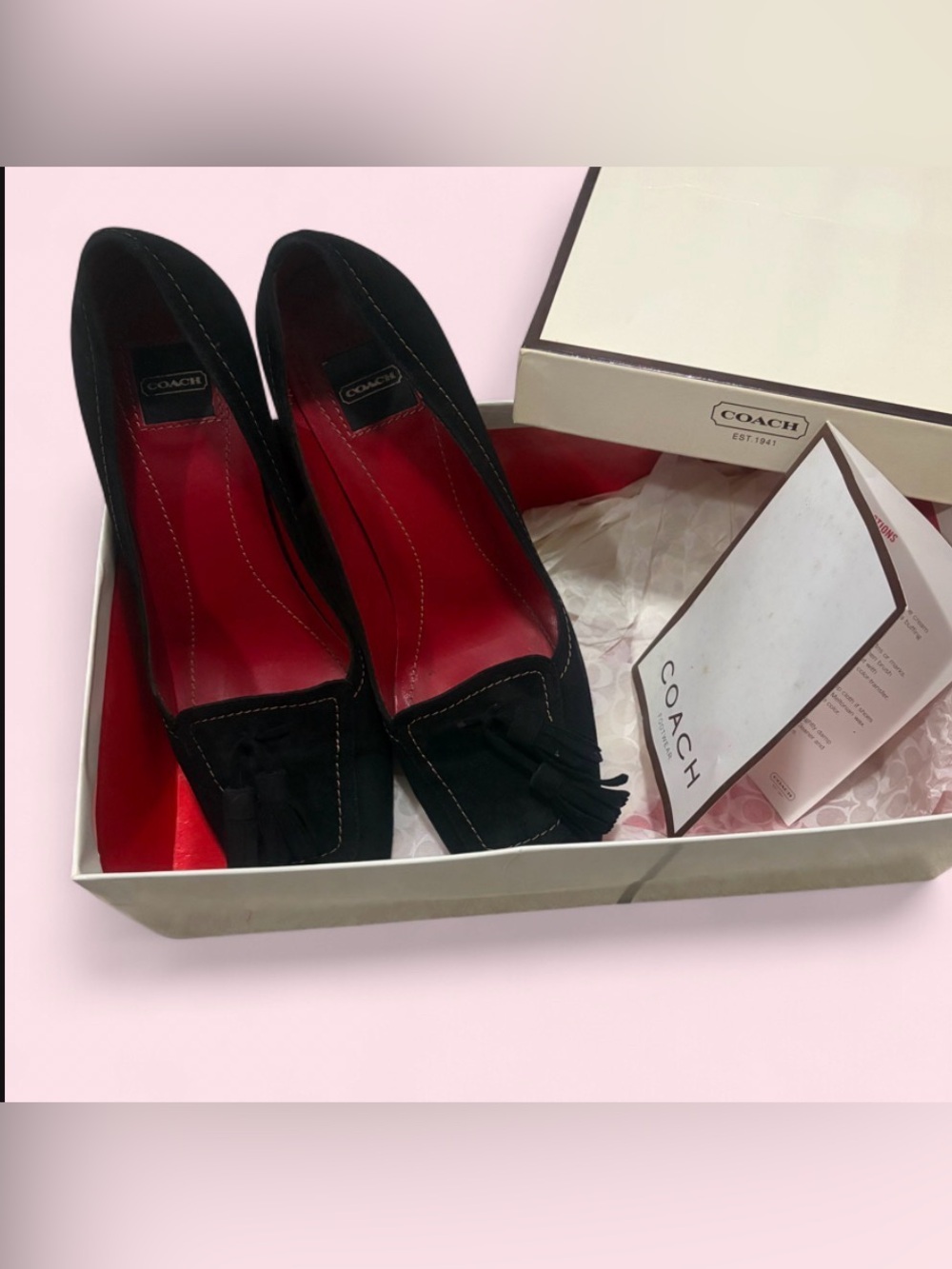 Vintage Coach Black Suede Tassel Heel Pumps Y2K Coquette OG Boxed 6.5